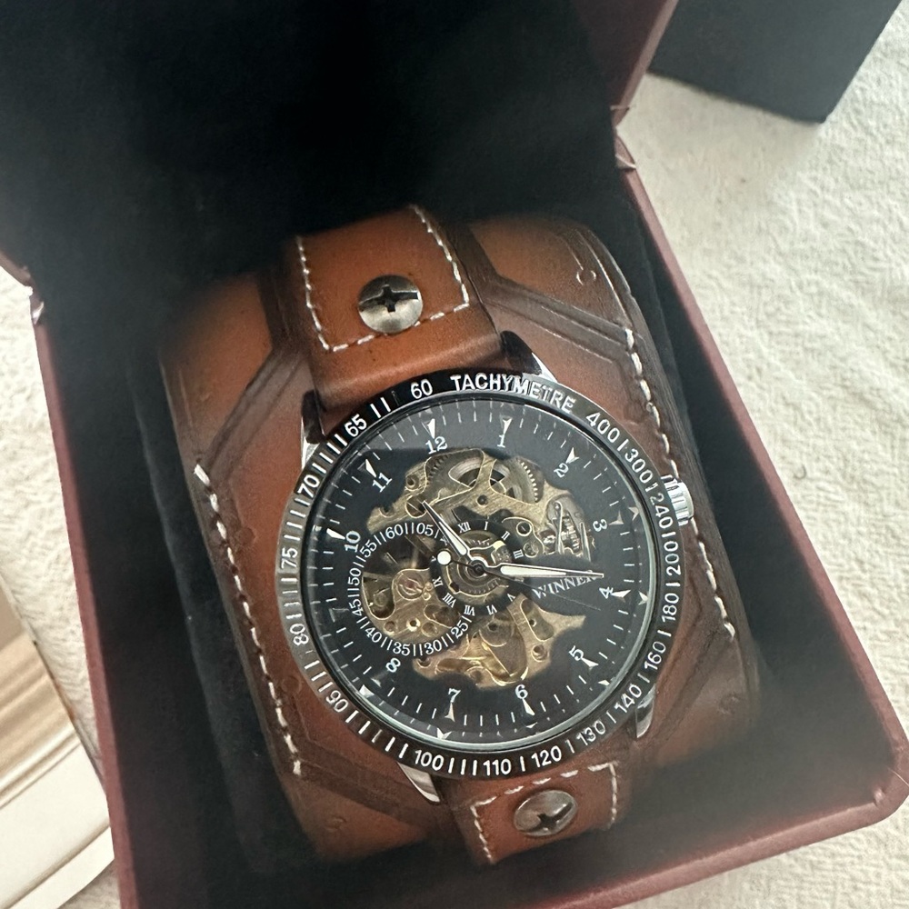 Brown Leather Skeleton men Watch